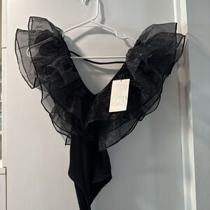 Zara Sheer Black Ruffle Bodysuit